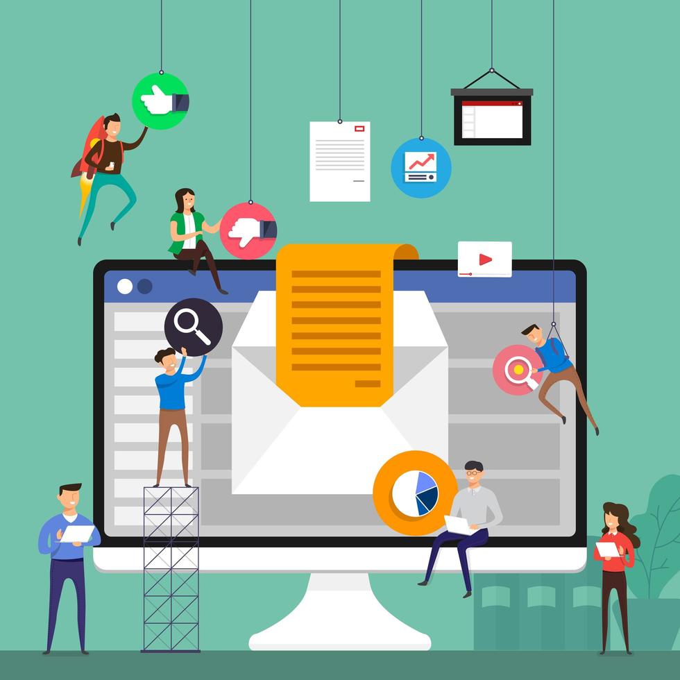 small-people-team-building-email-marketing-on-computer-free-vector